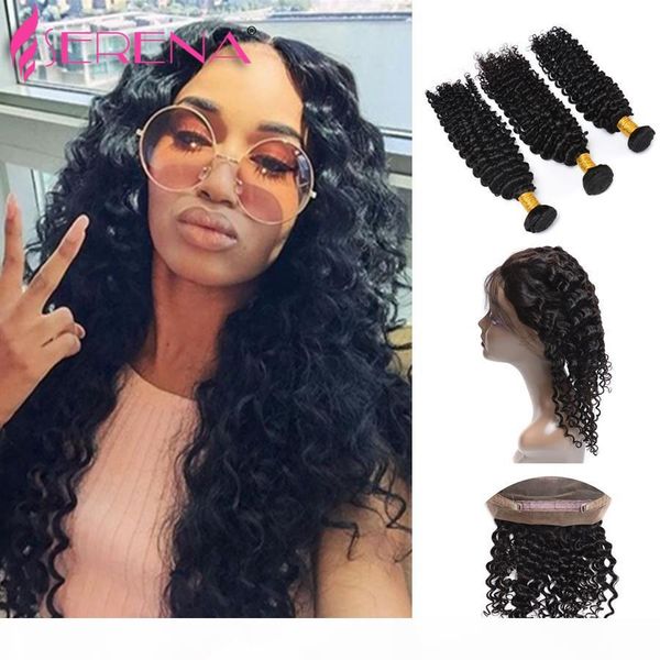 

7a 360 lace frontal with bundles brazilian virgin hair deep curly weave with frontal 360 lace frontal closure with bundles, Black;brown