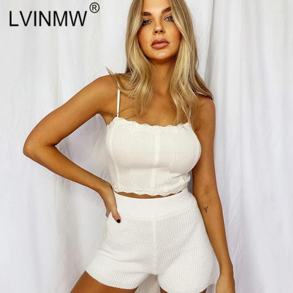 

lvinmw slim elastic white casual daily two pieces set slash neck spaghetti straps crop camis high waist lace up shorts1, Gray