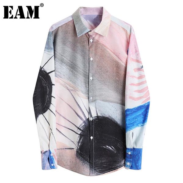 

women's blouses & shirts [eam] women pattern printed big size blouse lapel long sleeve loose fit shirt fashion tide spring autumn 2021, White
