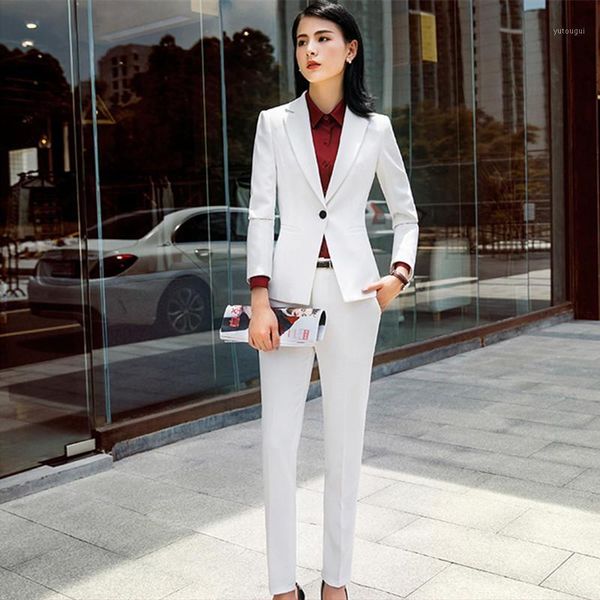 

women pants suit women's blazer jacket and slim pencil pant 2 pieces set elegant office lady fashion casual suits set1, White