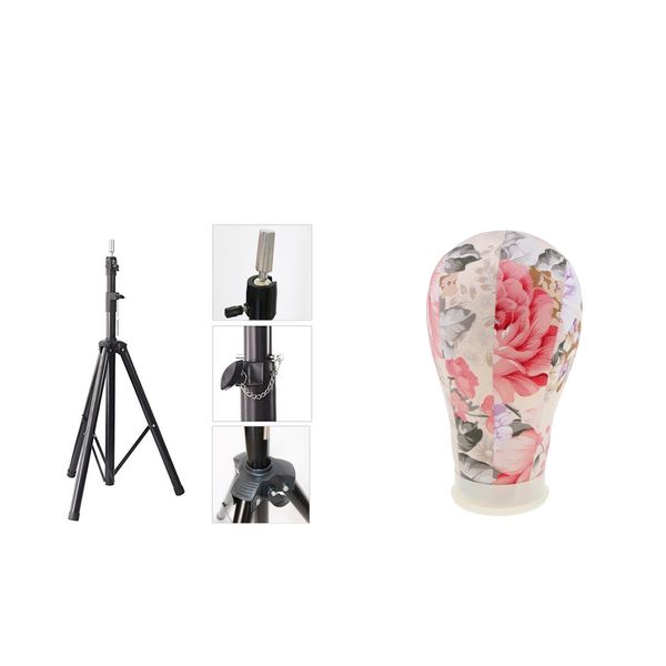 

wig canvas block mannequin head + multifunction tripod doll display stand, White