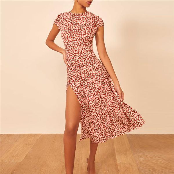 

woman dress 2020 short sleeve vintage floral print dress women summer cut out back side slit elegant midi vestidos, Black;gray