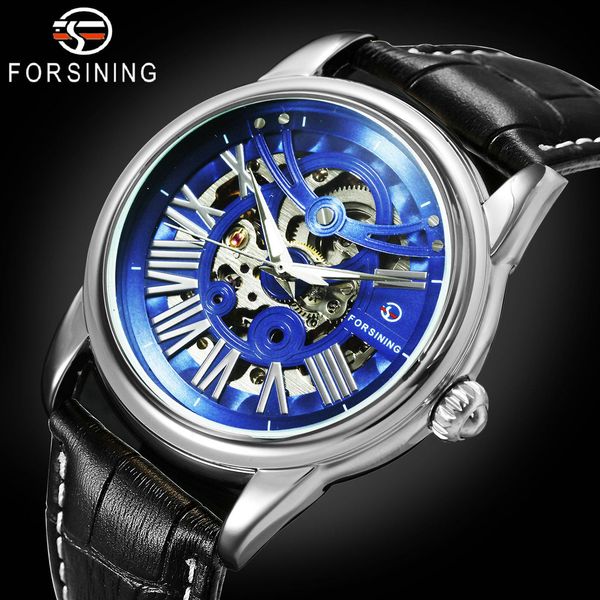 

forsining fashion automatic watch men genuine leather strap mens mechanical watches brand luxury skeleton wristwatch casual 201113, Slivery;brown