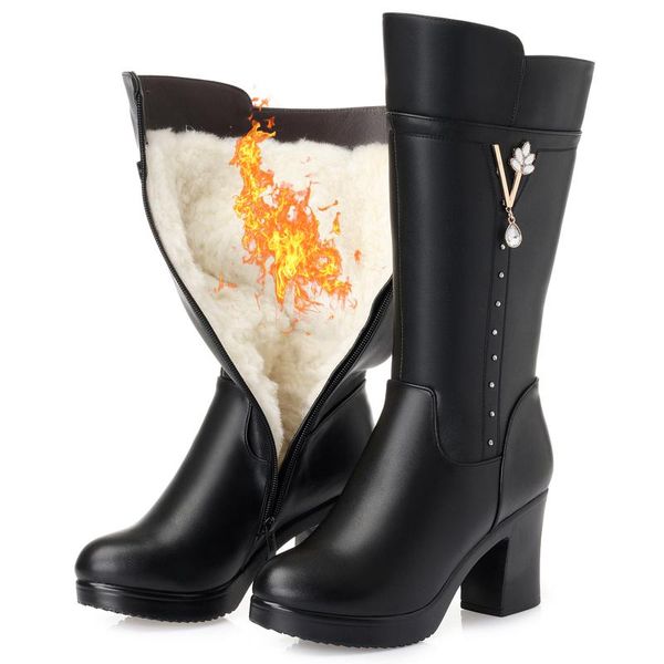 

марка женщины зимней обуви из натуральной кожи женщин сапоги зимние женщина натуральной шерсти warmful высокого качества sexy snow boots выс, Black