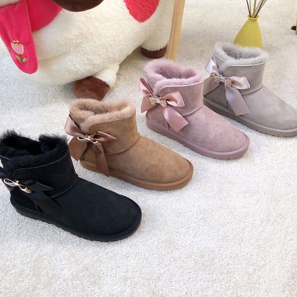 

blinging bowknot 2020 nice 100% genuine sheepskin leather woman snow boots natural fur women's boots warm wool winter, Black