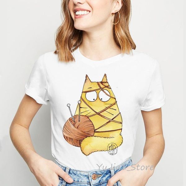 

кошка играет с мячом пряжи смешные футболки женщины harajuku kawaii мультфильм печать топы женская футболка ropa mujer 2019 футболка, White