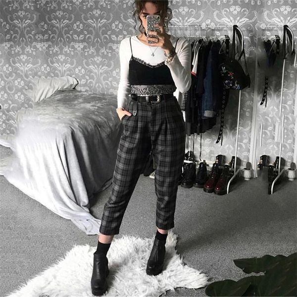 

plaid pants women streetwear cool girl high waist trousers harem sweatpants joggers women cargo sweat pants korean pantalon lj200814, Black;white