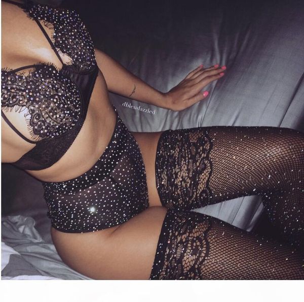 

whosale babes wear lace mesh splicing bright diamond lingerie bra set european and american underwear socks, Red;black