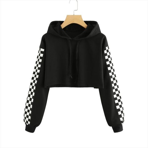 

women crop fashion autumn plaid long sleeve pullover hooded sweatshirts ladies hoodies kpop moletom feminino, Black