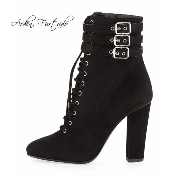

boots arden furtado 2021 spring autumn chunky heels cross tied buckle strap matin black suede ankle 44 45