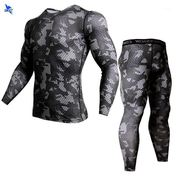 

running sets 2pcs camouflage 3d long sleeve t-shirt+tights set men quick dry jogging suits gym fitness sportswear compression uniform1, Black;blue