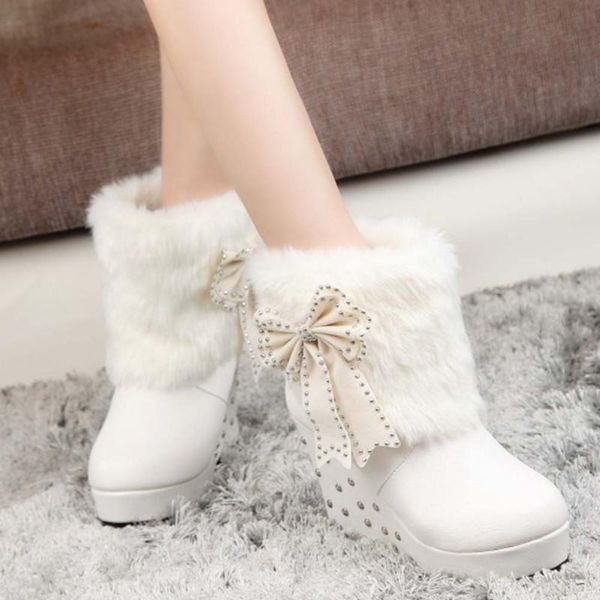 

новый new sweet bow tie rivets platform клинья высокие каблуки зимние меховые линки сапоги женские обувь, Black