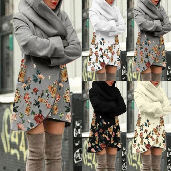 

40# autumn winter women long style coats women warm hoodie floral printing cloth cardigan outwear casual loose oversize coats1, Black;brown