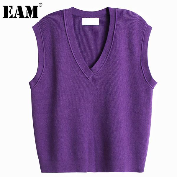 

[eam] purple big size knitting sweater loose fit v-neck sleeveless women pullovers new fashion tide autumn winter 2020 1dd0263, White;black
