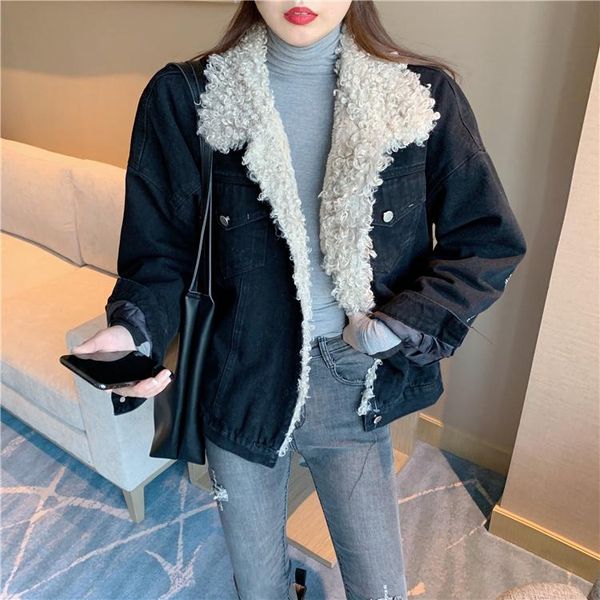 

new 2021 women winter lamb hair patchwork denim thick warm jacket coat female casual long sleeve turn down collar cotton outwear, Black;brown