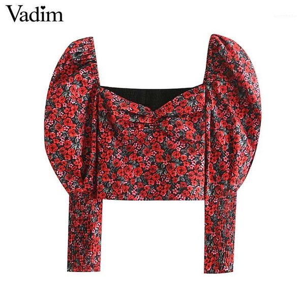 

vadim women retro floral print crop v neck puff sleeve stretchy short blouse female vintage chic shirt blusas lb5351, White