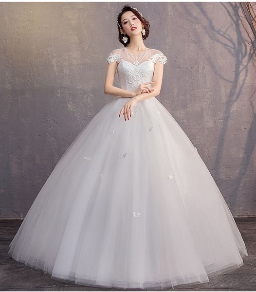 

elegant wedding dresses plus size ball gown o-neck cap sleeve lace appliques illusion bride gowns vestidos de noiva 2020, White