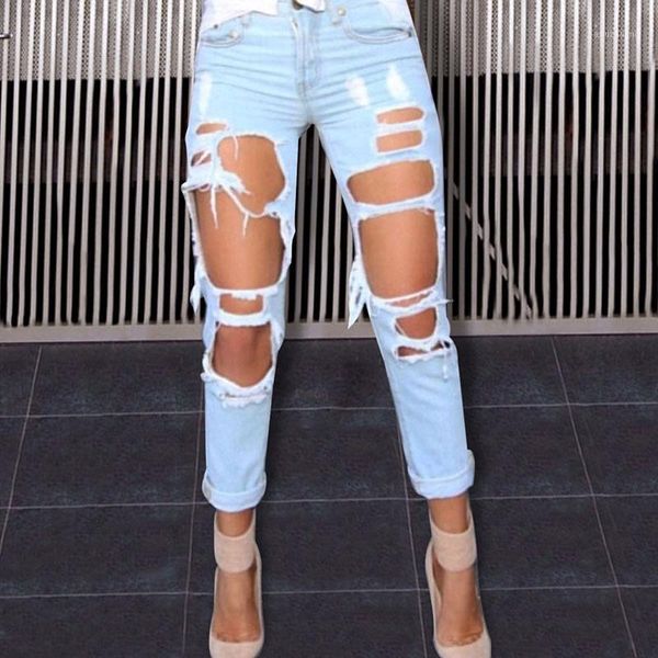 

2020 summer big holes jeans women bf style ripped jeans cotton denim pants 6 colors1, Blue