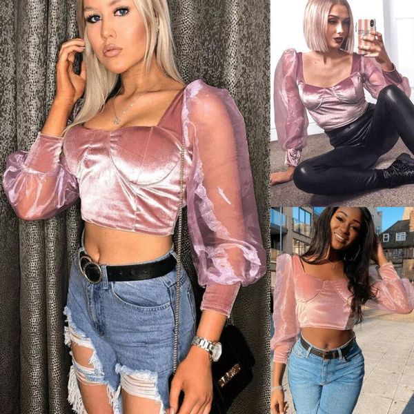 

women's blouses & shirts women puff sleeve blouse shirt fashion mesh low-cut long pullover casual jumper streetwear, White