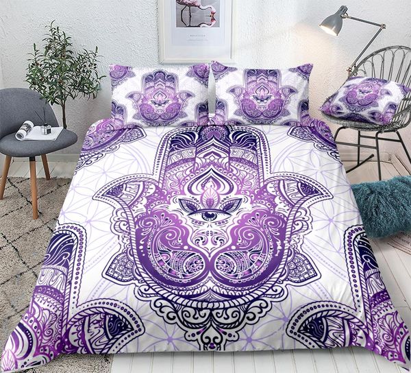 

hamsa hand bedding set purple boho duvet cover set 3 pieces hand of fatima quilt cover mandala bedding queen bed set dropship