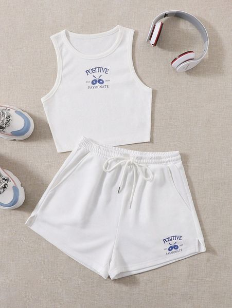 

racket & letter graphic tank & drawstring waist track shorts d0x9#, White