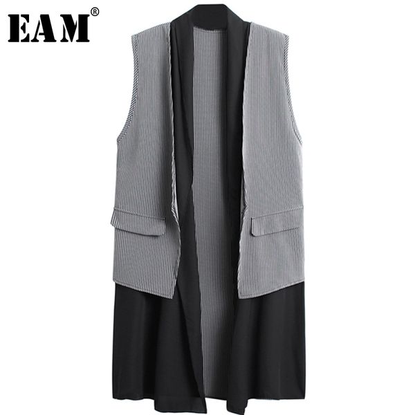 

[eam] new spring summer cardigan sleeveless spliced pockets plaid brief temperament long vest women fashion tide jx797 201028, Black;white