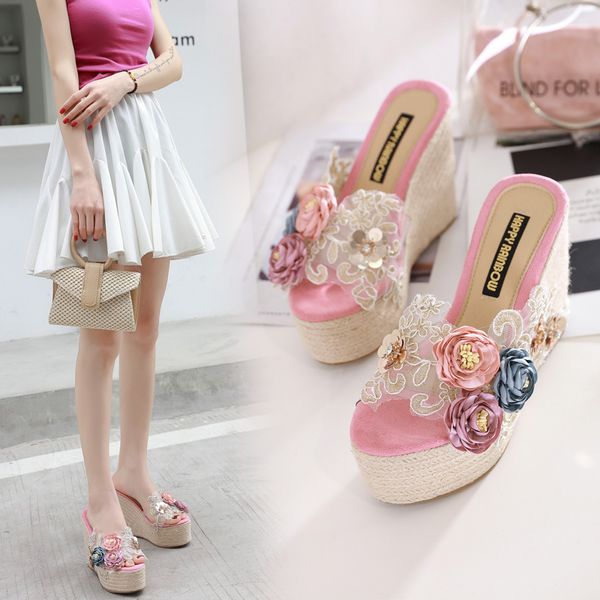 

12cm slope high heel sandals waterproof platform sponge cake thick bottom hemp flower fish mouth slippers women, Black
