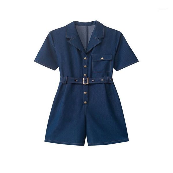 

retro imitation denim jumpsuit 2020 summer new fashion lapel short sleeve belt loose slimming jumpsuit shorts women's clothing1, Black;white