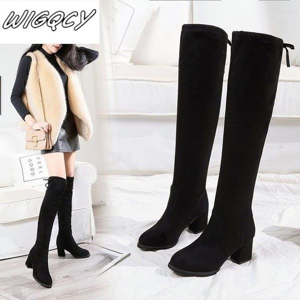 

2020 winter new suede round head high-heel boots women over-the-knee boots women plus cotton warm rear tie mujer1, Black
