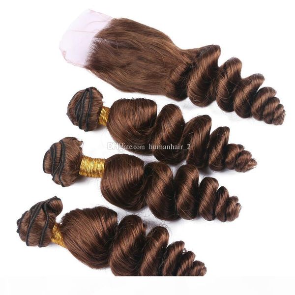 

human hair extensions with closure loose wave brazilian virgin hair weave bundles with lace closure #4 light brown color double weft 4pcs, Black;brown
