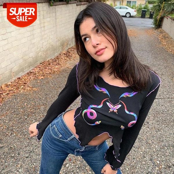 

ruffles black harajuku short t shirt split print long sleeve tee shirt women y2k 90s t-shirts autumn streetwear 2021 #sc4e, White