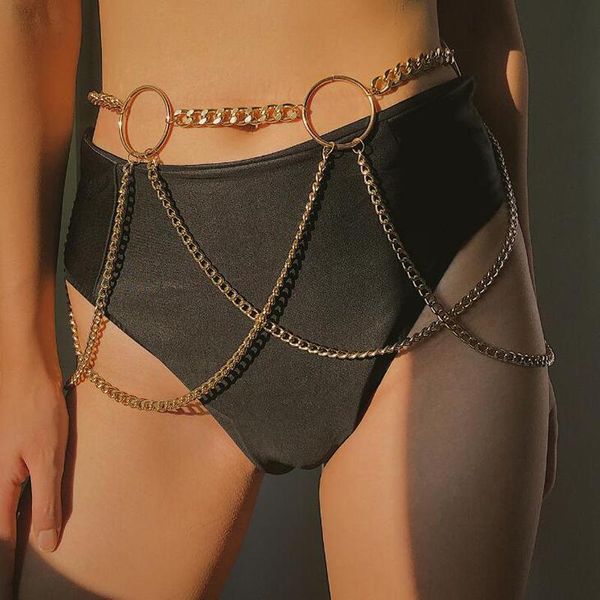 

europe and the united states simple punk body chain exaggerated chain tassel geometry ring waistband gold silver belt, Black;brown