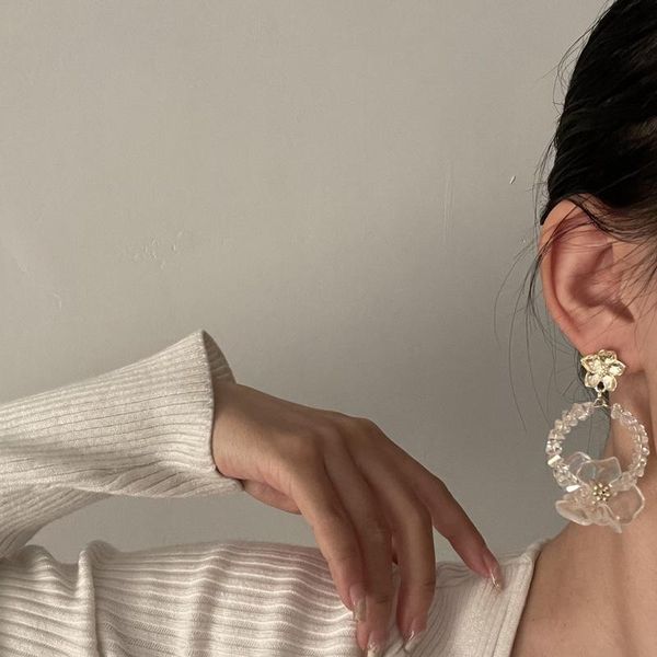 

timeonly hyperbole clear floral crystal circle long dangle earring for women ladies delicate charms earrings party jewellery, Silver
