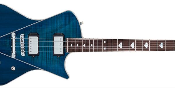 

custom grand music mm electric guitar neck through body blue sunburst color maple fingerboard pickup switch next to knobs