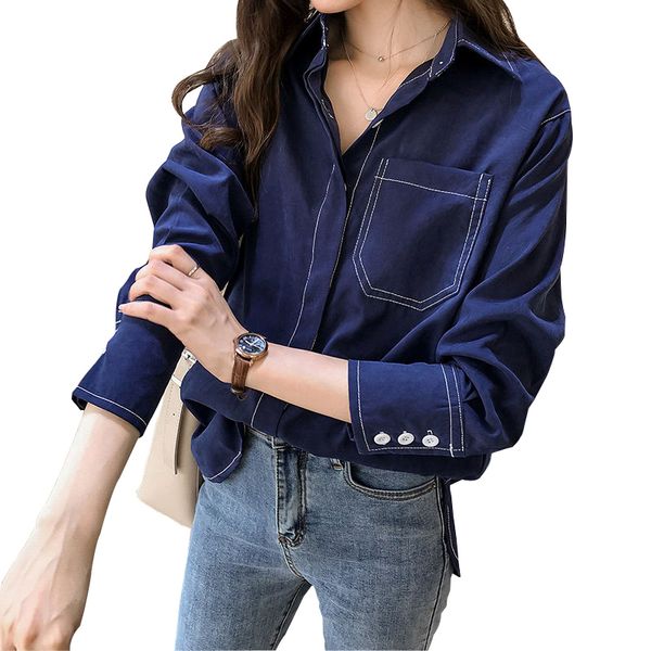 

new chin women 2021 streetwear female blouse fall loose pocket long shirt collar ol'shirt style jdqq, White