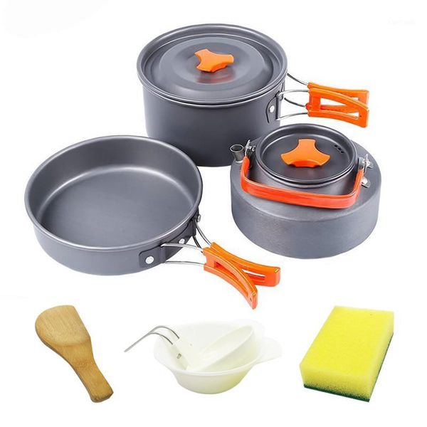 

camp kitchen portable outdoor picnic bbq tableware cookware camping pot pan kettle set aluminum alloy 3pcs teapot cooking tools1