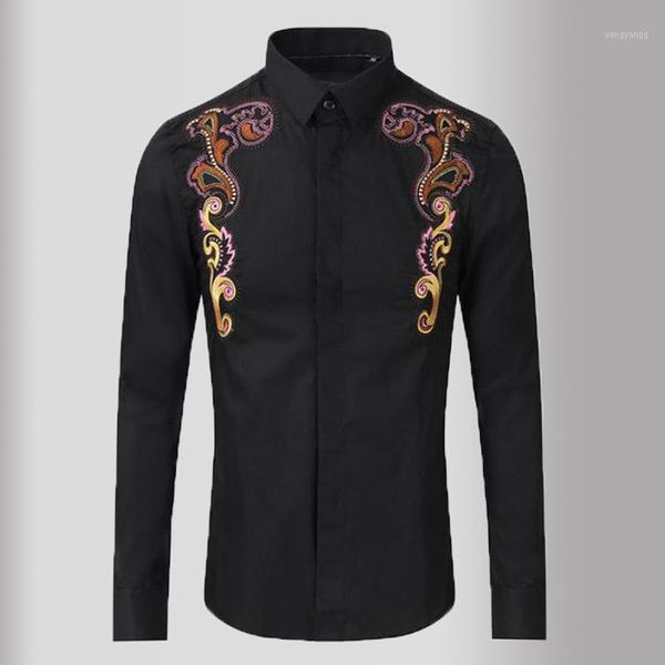 

minglu black mens shirts flower embroidery long sleeve casual mens dress shirts slim fit party male 3xl1, White;black
