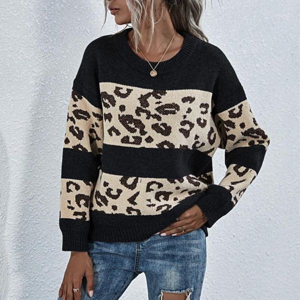 

fashion women o-neck loose leopard printed stitching long-sleeved knitted sweater loose casual warm pullover pull femme#g41, White;black