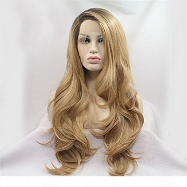 

фантазия красоты long natural wave ombre коричневый белый синтетические парики фронта шнурка боковая часть жаропрочных волокна волос парики, Black