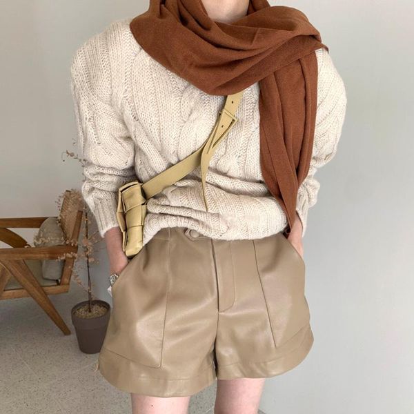 

korean style two piece set outfits women long o-neck knitted sweater and high waist pu leather short pants suit 2 piece set, Gray