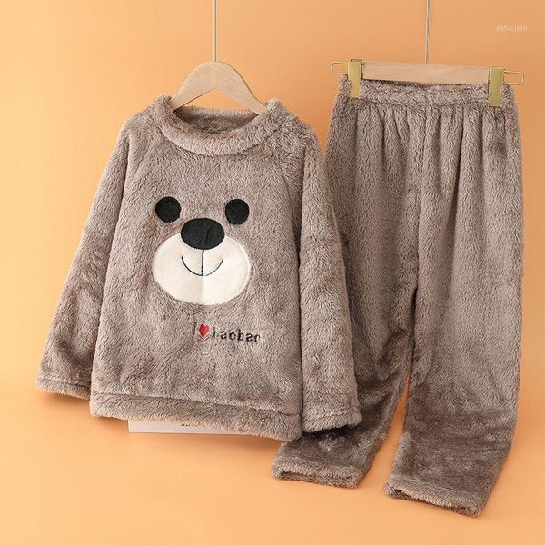 

new style double sided heavy weight coral fleece boy/ girl pajamas sets with bear appliqued emb embroidery simple and nature1, Black;brown