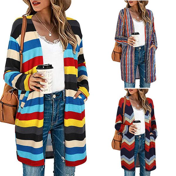 

2021 new women's coat printed women fashion loose color striped print cardigan jacket casual pocket long sleeve outwear, Black;brown