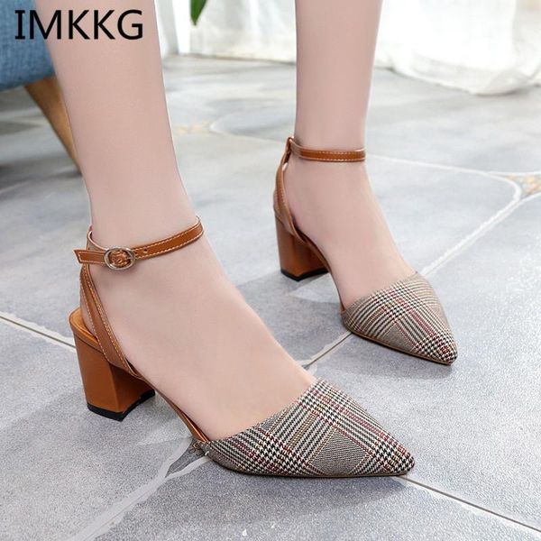 

spring summer shoes woman sandals plaid high heels women dress shoes slingbacks pumps pointed toe zapatos mujer a00115, Black