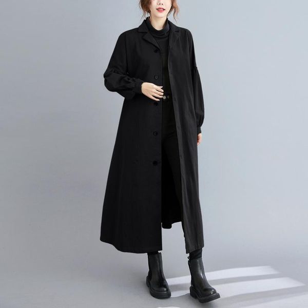 

superaen solid slim turn down collar windshield mid-length all match loose long casual jacket women coats, Tan;black