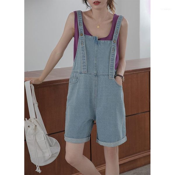 

2020 vintage all-around wash denim strap shorts women's korean version loose high waist straight tube jumpsuit women11, Blue