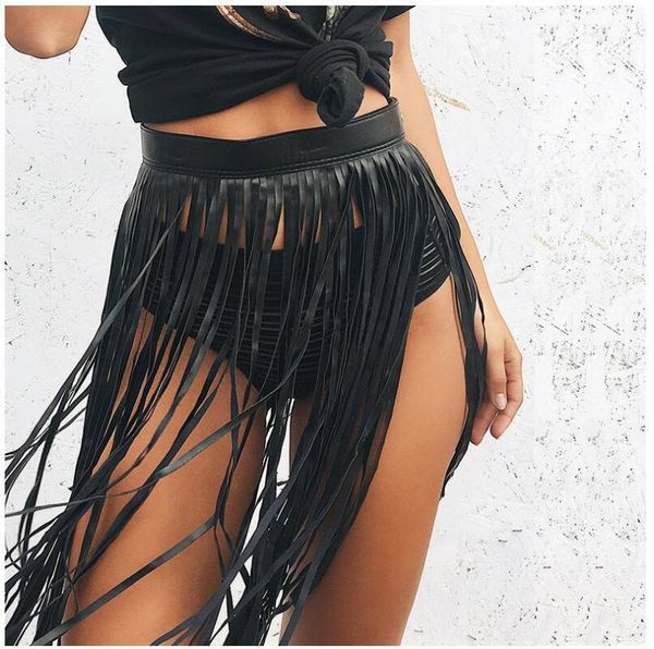 

tassel skirts european american fashion tassel pu transparent skirt pu fringe skirt women, Black