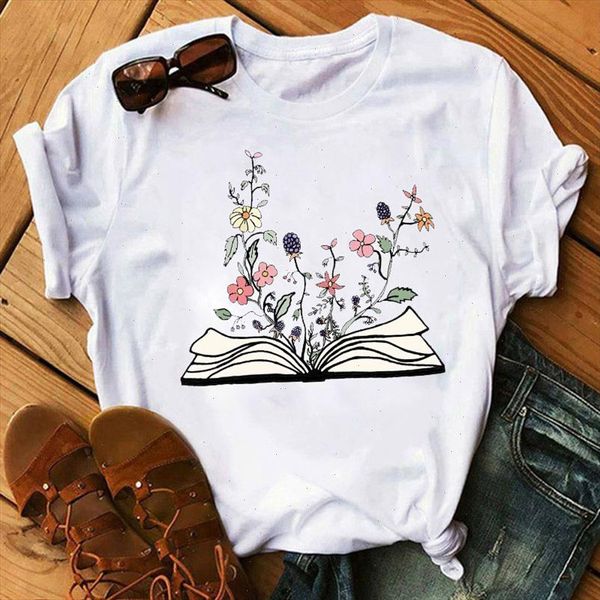 

women t shirt graphic book flower painting print fashion summer t shirt lady clothes womens clothing tee female, White