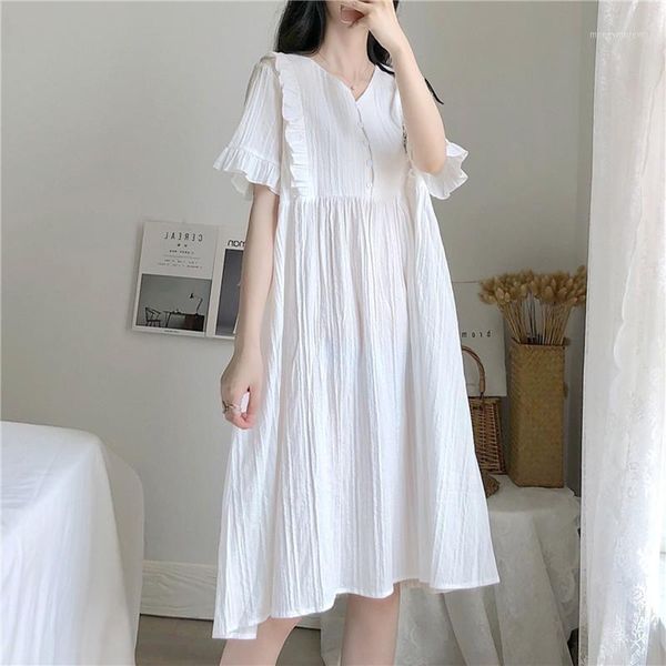 

women's sleepwear nightgown sale ankle-length night dress nightwear sweet v-neck cotton 2021 loose flounce home wear1, Black;red