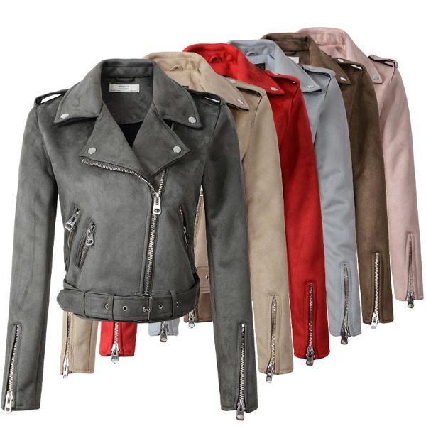 

2020 new arrial women autumn winter suede faux leather jackets lady fashion matte motorcycle coat biker gray pink beige outwear, Black