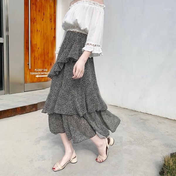 

elegant floral print ruffles women skirt vintage elastic waist chiffon a-line female skirt 2020 party long skirts femme db9711, Black